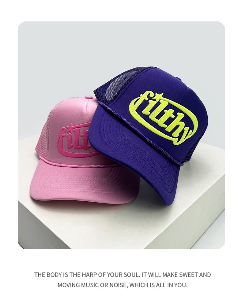 Unisex Color Block Letter Print Trucker Cap – Breathable Mesh Snapback