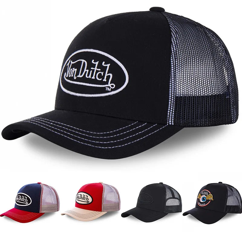"Von" Mesh Embroidery Trucker Cap – Unisex Cotton Snapback Hat