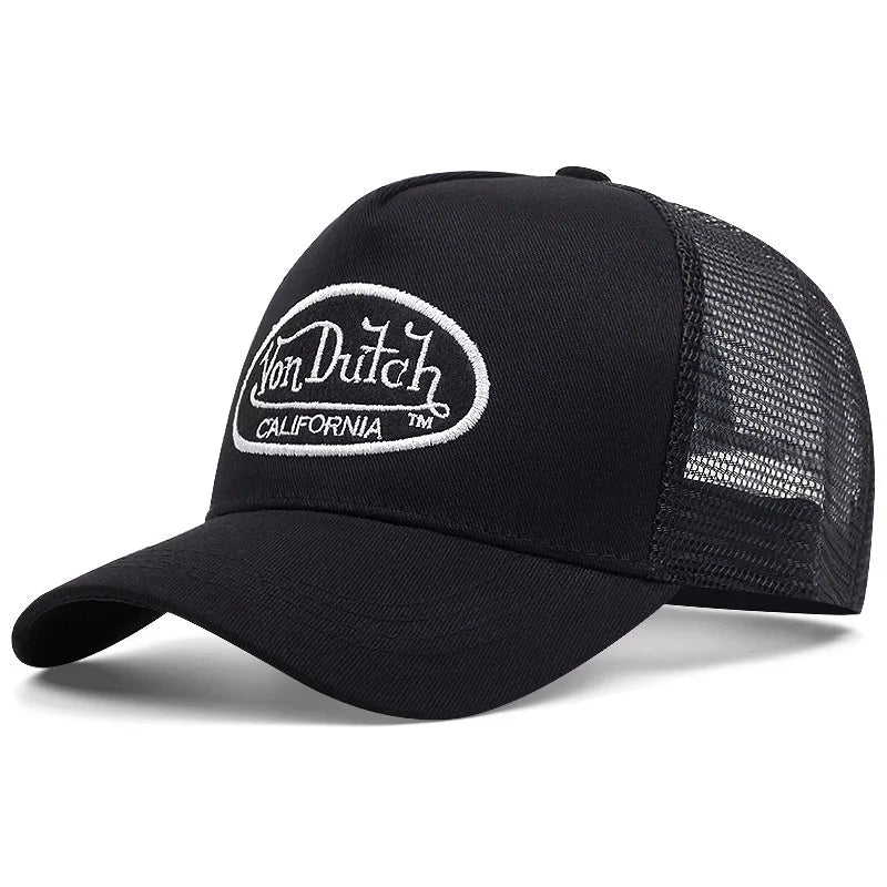 "Von" Mesh Embroidery Trucker Cap – Unisex Cotton Snapback Hat