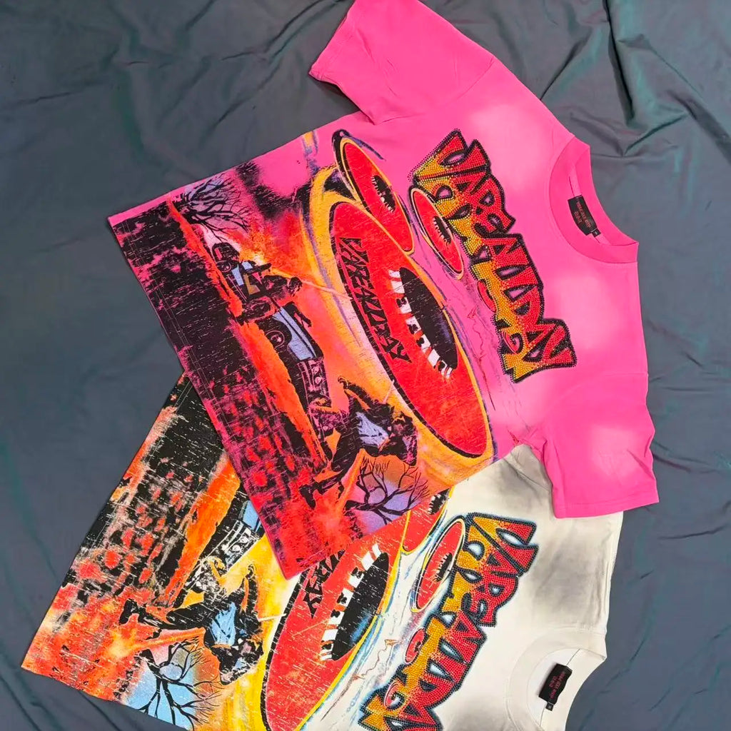 Letter Rhinestone Cotton Short Sleeve for Men and Women Harajuku