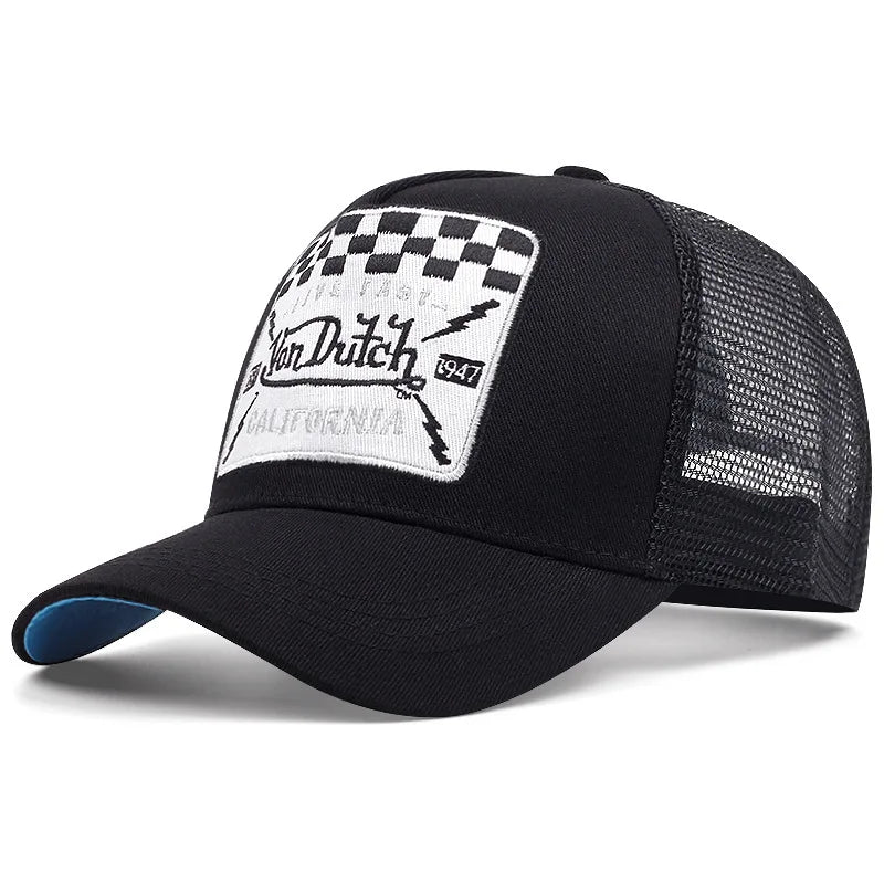 "Von" Mesh Embroidery Trucker Cap – Unisex Cotton Snapback Hat
