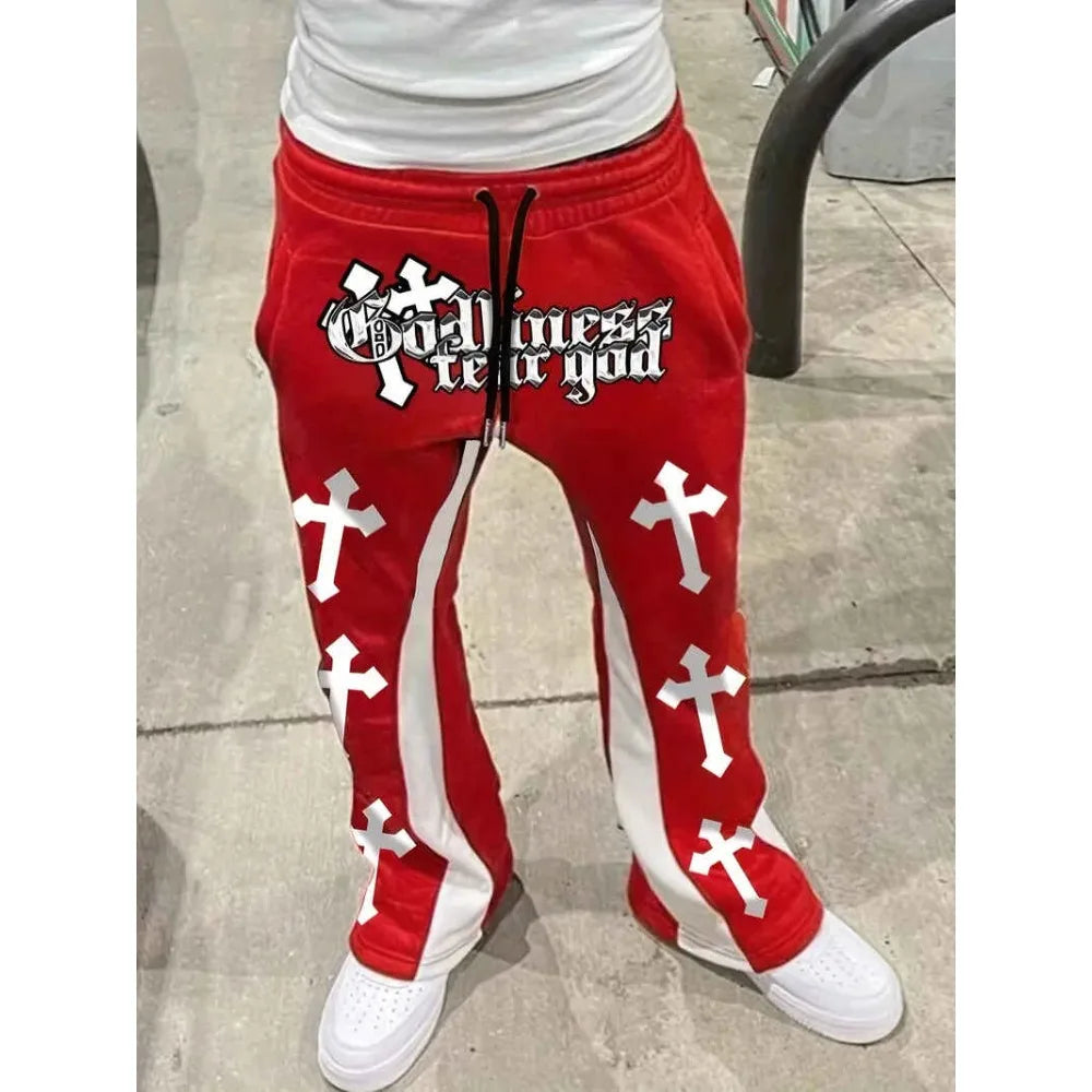Men's Cross Print Flared Sweatpants – Black & White Color Block Streetwear Jogger Pants