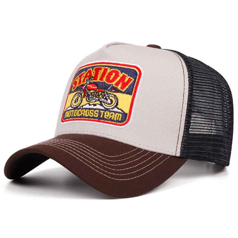 "Station" Motorcycle Mesh Trucker Hat – Unisex Hip Hop Snapback