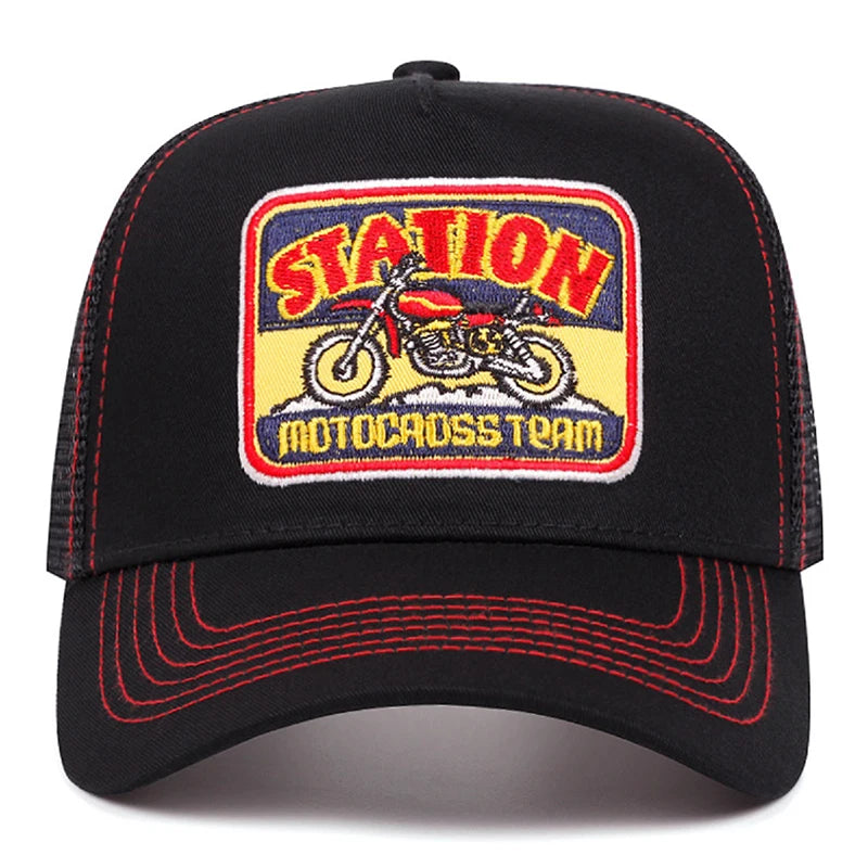"Station" Motorcycle Mesh Trucker Hat – Unisex Hip Hop Snapback