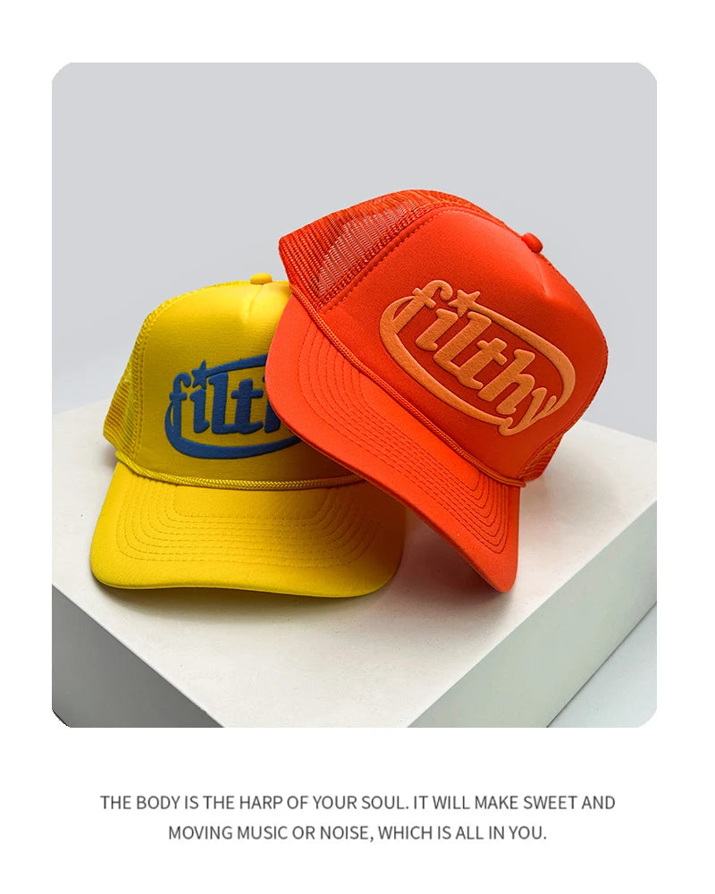 Unisex Color Block Letter Print Trucker Cap – Breathable Mesh Snapback