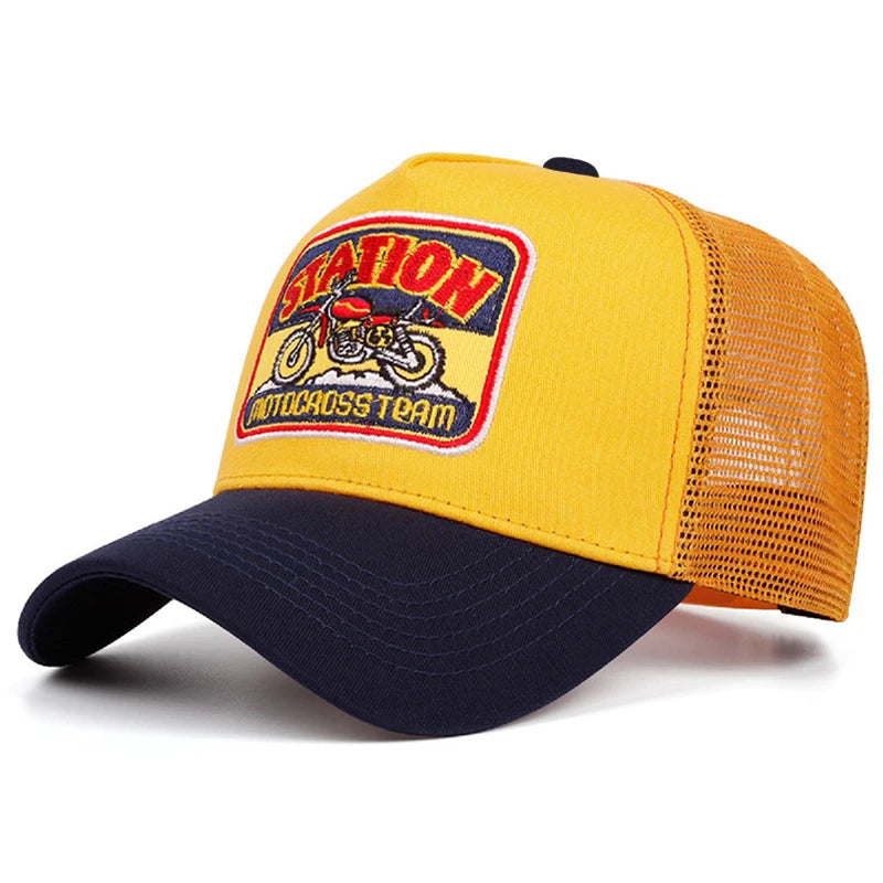 "Station" Motorcycle Mesh Trucker Hat – Unisex Hip Hop Snapback