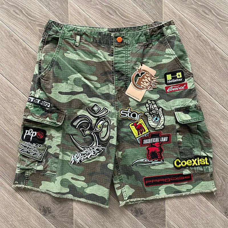 Hellstar Studios Embroidered Patch Shorts – Men's Cotton Casual Streetwear