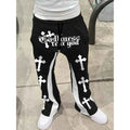 Men's Cross Print Flared Sweatpants – Black & White Color Block Streetwear Jogger Pants
