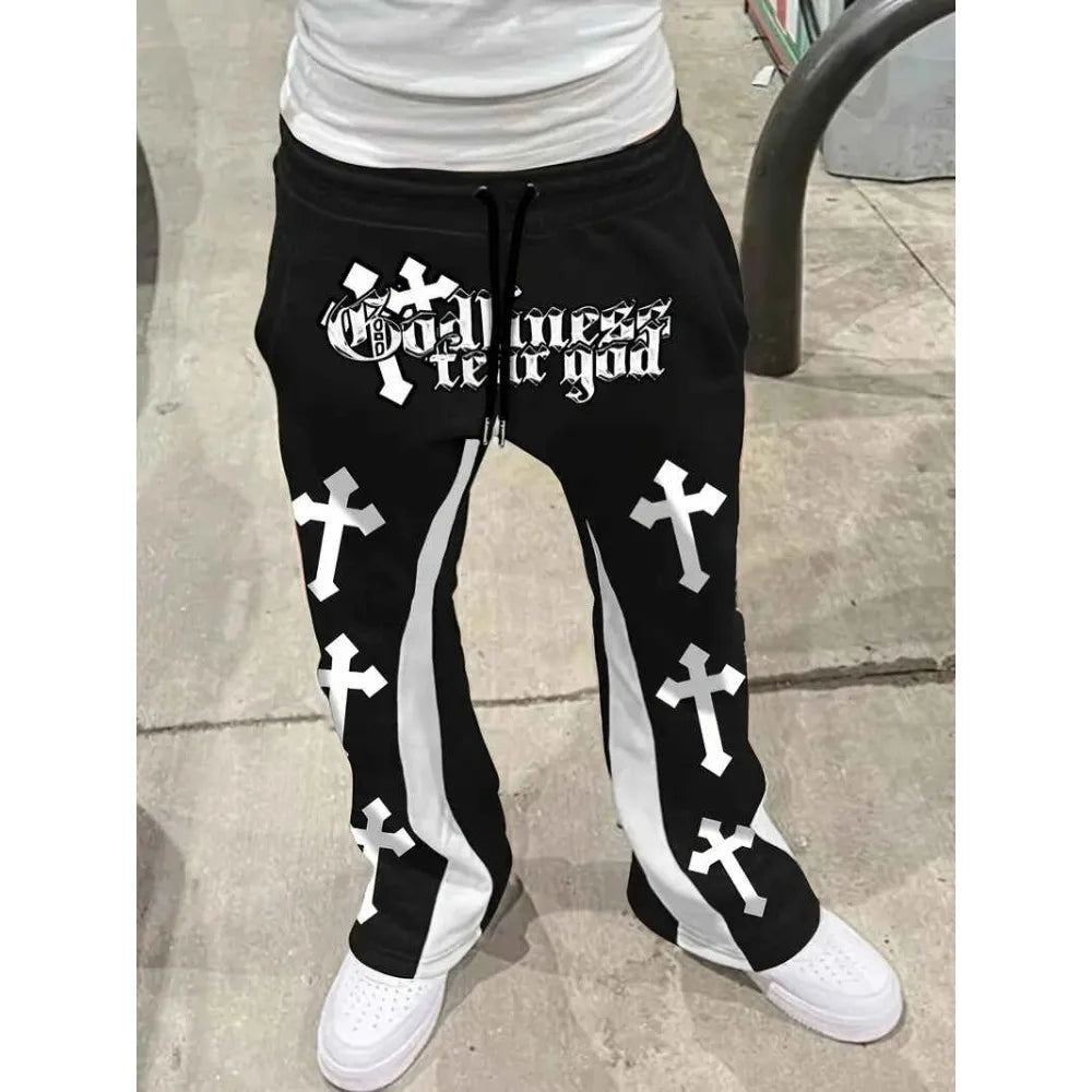 Men's Cross Print Flared Sweatpants – Black & White Color Block Streetwear Jogger Pants