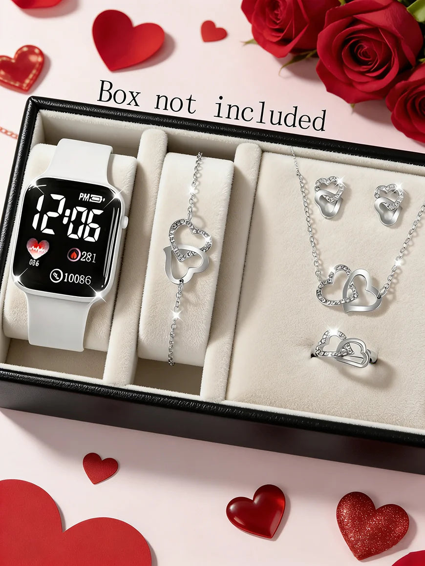 Women's Square Digital Watch & Heart Jewelry Set – Fashion Gift Bundle