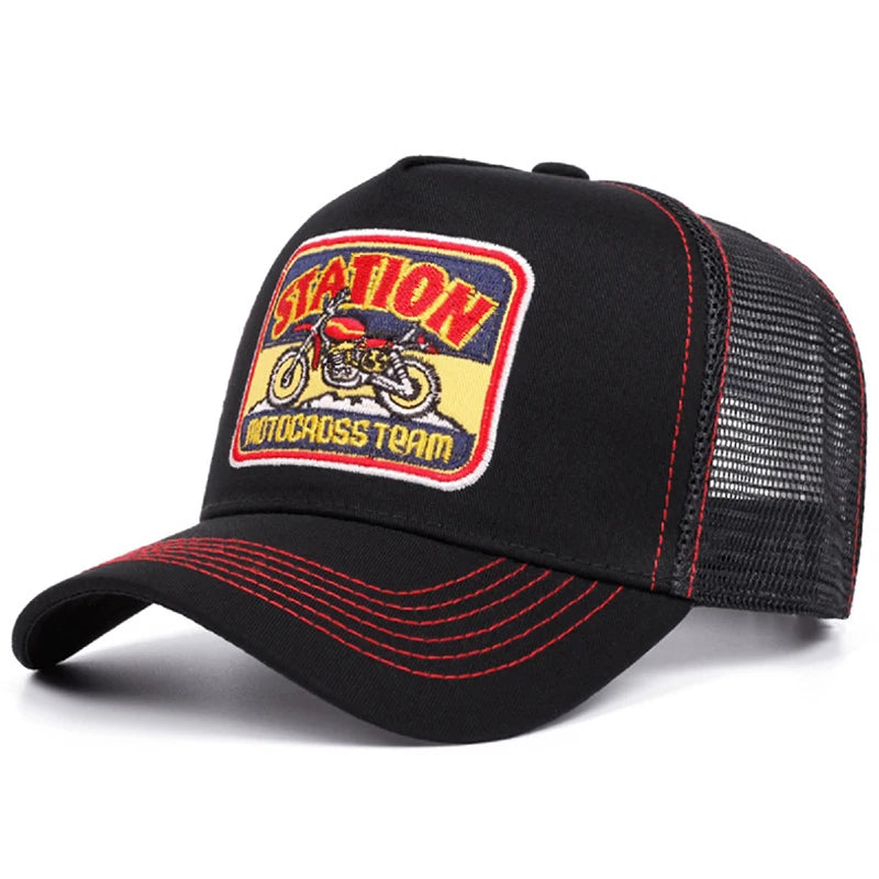 "Station" Motorcycle Mesh Trucker Hat – Unisex Hip Hop Snapback