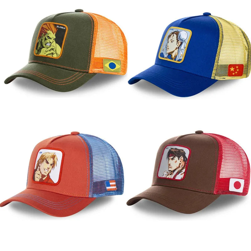 Street Fighter Cosplay Embroidered Baseball Cap – Chun-Li, Ryu, Ken & Blanka Adjustable Mesh Hat