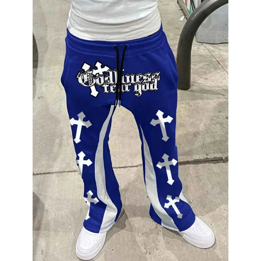 Men's Cross Print Flared Sweatpants – Black & White Color Block Streetwear Jogger Pants