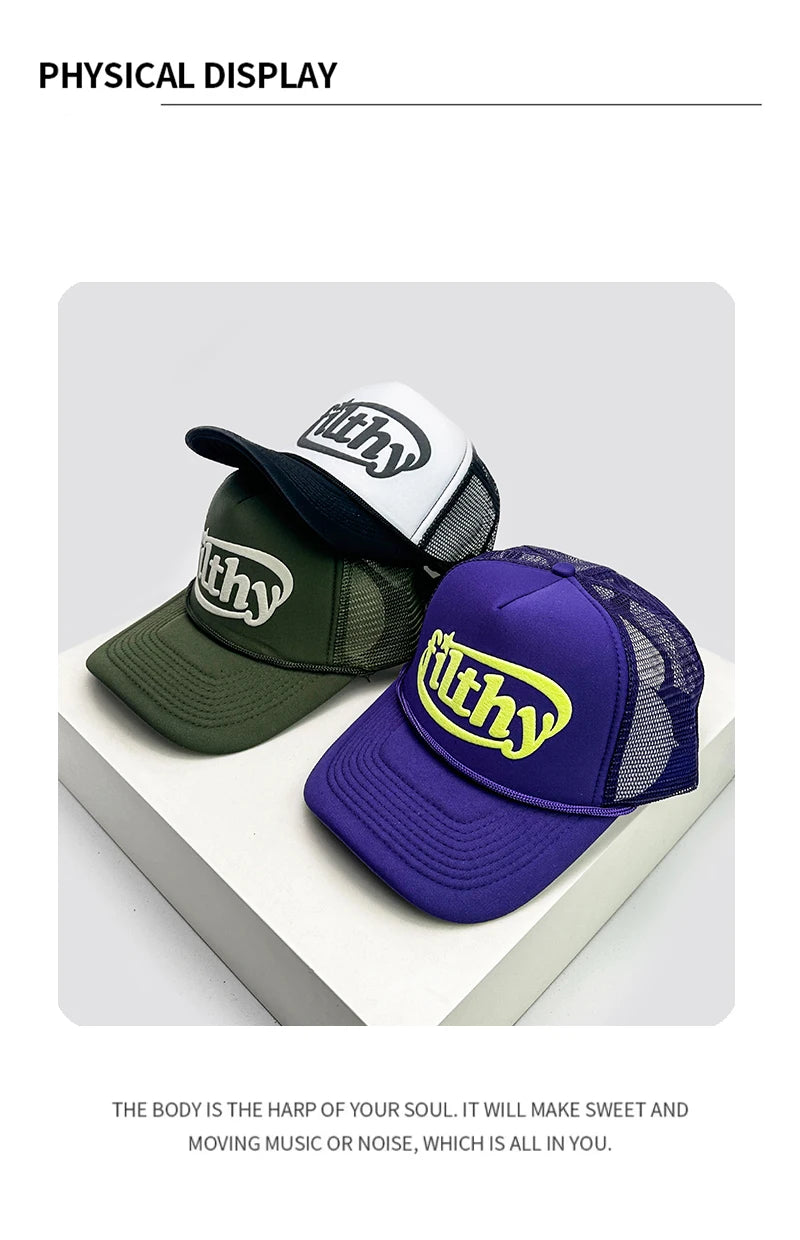 Unisex Color Block Letter Print Trucker Cap – Breathable Mesh Snapback